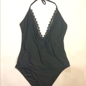 Adorable Black Halter One-Piece with Lace Trim